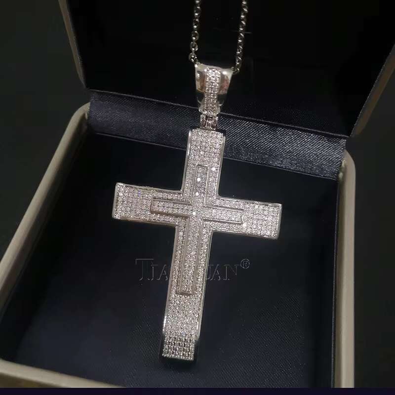 34x73mmTrendy Full Moissanite Cross Pendant Necklace for Women Men Fashion Necklace Jewelry Party Daily Accessories Fine Jewelry