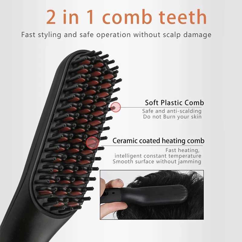 Electric Mens Hair Straightening Brush Heated Beard Straightener Smart Heating Comb Iron Ceramic Womens Hairbrush Styling ToolXJ250621