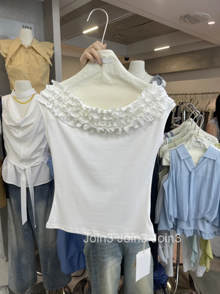 Sexy Woman Tshirts Summer White Tees Ruffles Tunic Camisetas Off Shoulder Fashion Tops Tunic Korean T-shirt 2025 Womens Clothes