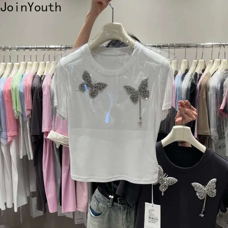 Summer Woman T Shirts Crop Tops Sweet Korean Tees Short Sleeve O-neck Slim Fit Camisetas Beading Butterfly Tshirts Ropa Mujer