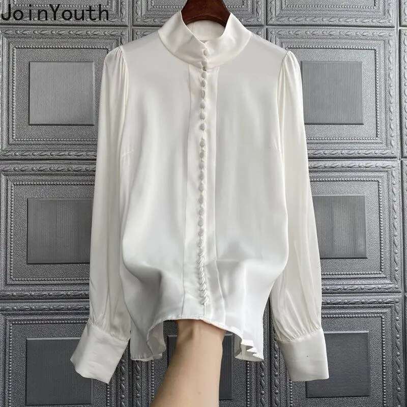 Camisas De Mujer Long Sleeve Stand Blouses for Women Vintage Temperament Oversized Tops Solid Color Fashion Korean Shirts 27r883