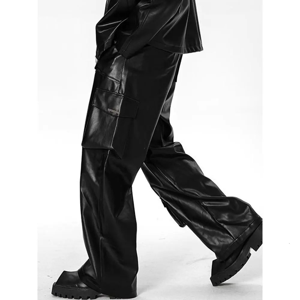 Men Leather Pants Floor Length Cargo Pant Pu Loose Casual Straight Trousers Regular Solid Splice Button Pocket Autumn Winter 250614