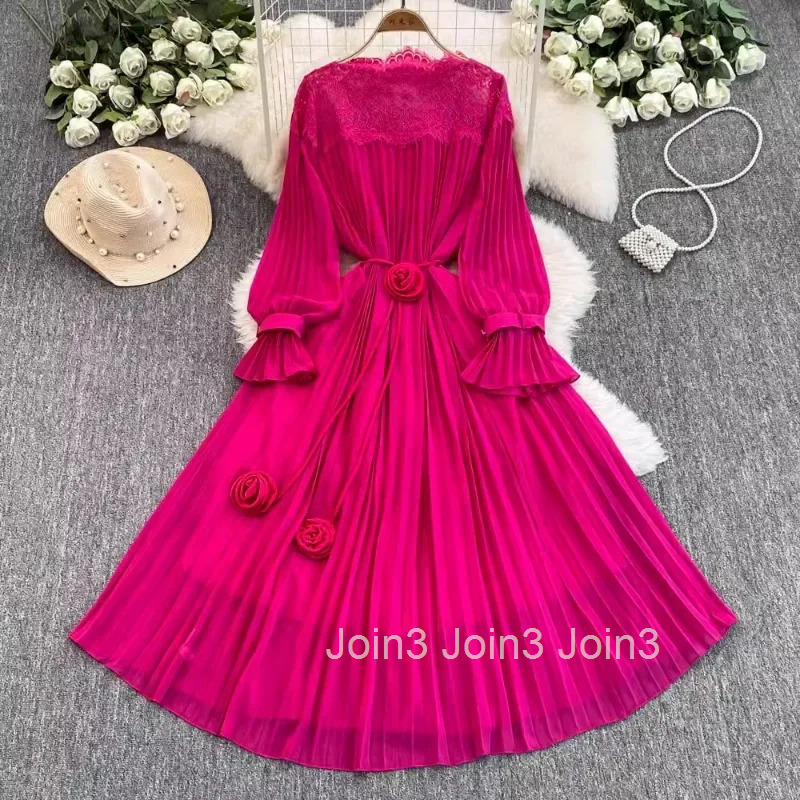 Vintage Robe Femme Pleated Dresses for Women 2025 Vestidos De Mujer Lace Hollow Out Flare Sleeve High Waist Big Swing Maxi Dress