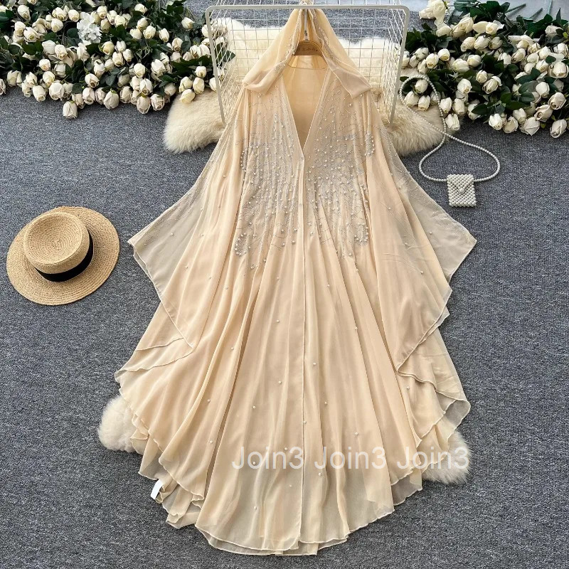 Women Clothing Elegant Maxi Dresses 2025 Vestidos De Mujer Fashion Gauze Irregular Dress Heavy Beading Hooded Loose Robe Femme