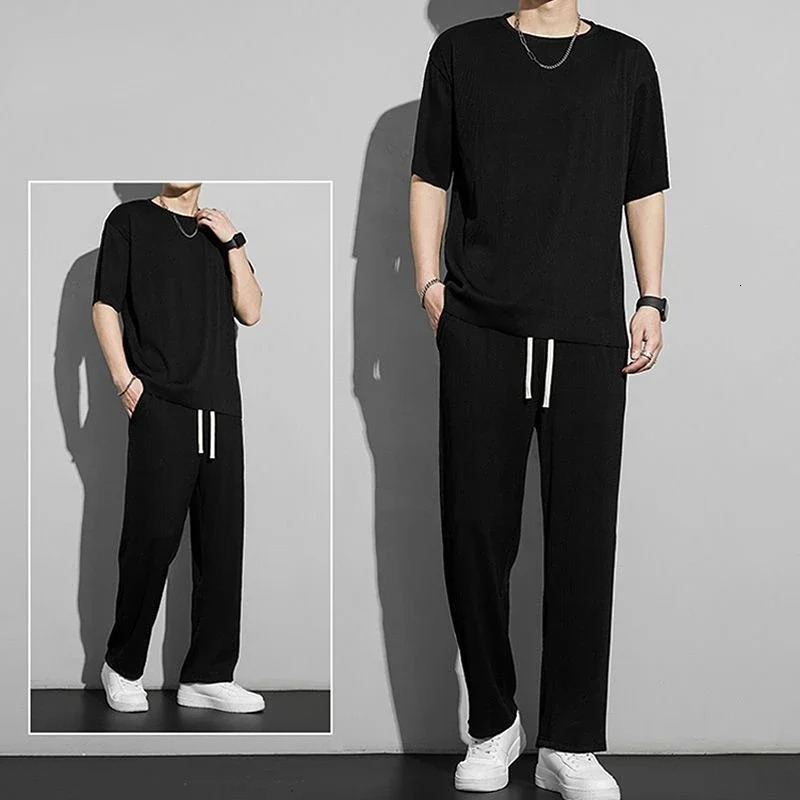 Top Pants Sets Kpop Short Quarter Sleeve Tracksuit Korean Style T Shirt Men Summer Sports Suits Aesthetic Cool XL Mens Clothing 250617
