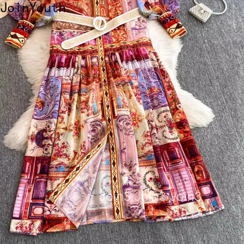 Vintage Woman Dress Print Stand Neck Lantern Sleeve Robe Femme Sashes Slim Waist Single Breasted Maxi Dresses 2025 Vestido Femme