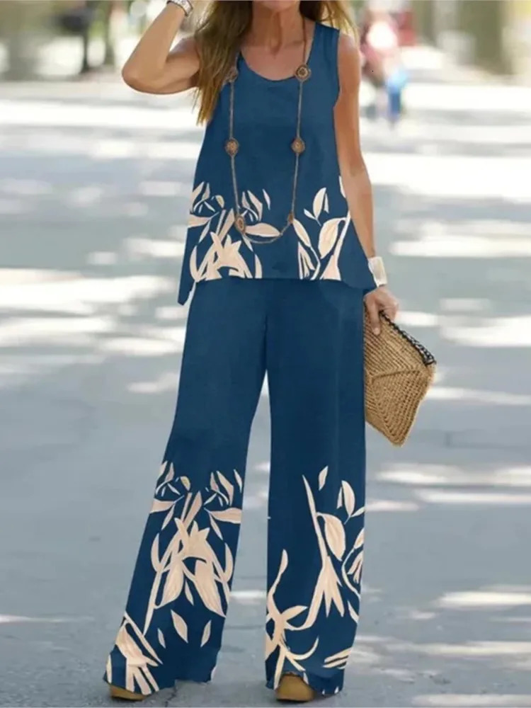 Color Print Pants Sets Women Sleeveless T Shirt Loose Wide Legs Trousers Two Piece Set Fashion Casual Vintage Lady 2 Piece Suit 250617