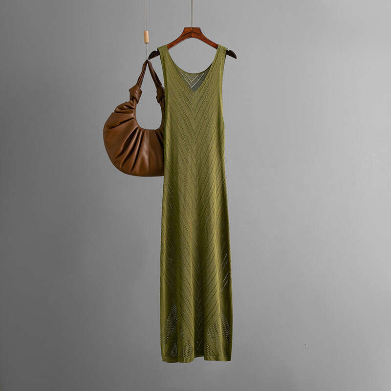 Knitted V-neck Hollow Sexy Split Vacation Long Beach Bikini Cover-up Dress