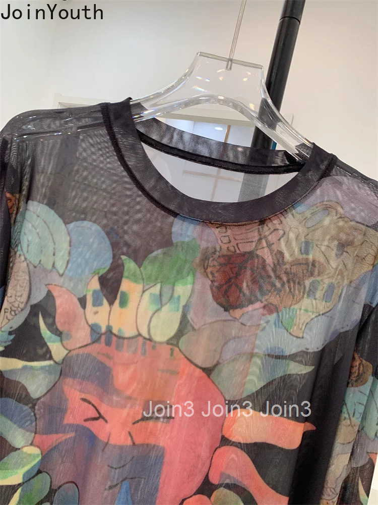 Fashion Woman Tshirts Y2k Tops 2025 Ropa Mujer Sexy Gauze Print Camisetas Long Sleeve See Through T-shirt Casual Summer Tees