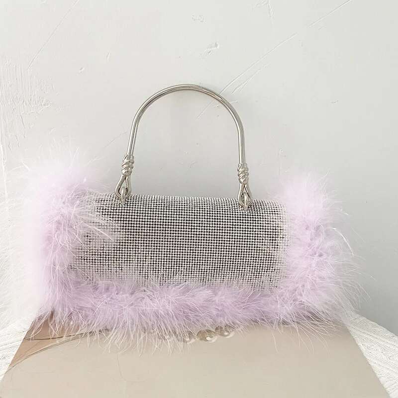 Luxury bag Fashion Ostrich Fuax Fur Feather Tote Bag Ladies Bling Dinner Party Wedding Handbag