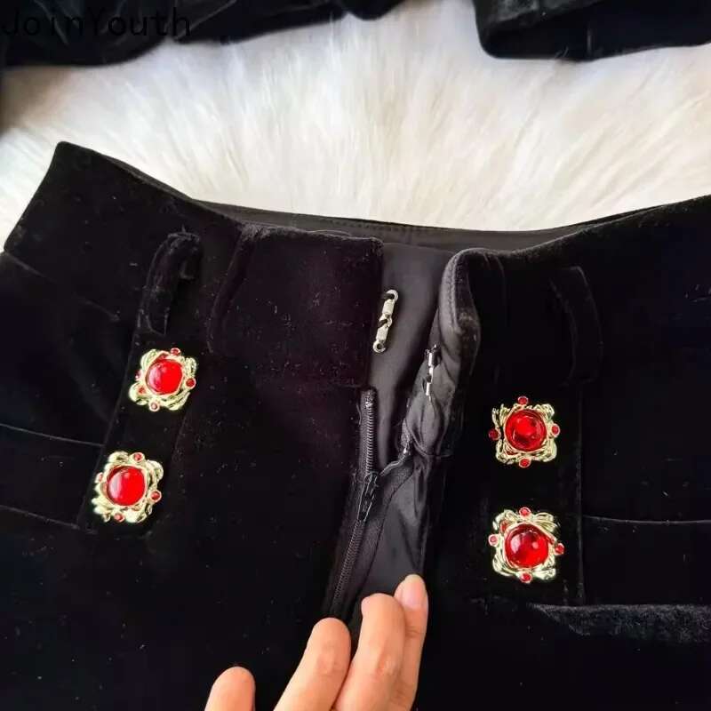Vintage Two Piece Sets Women Outfits Women Clothes O-neck Belt Tunic Jackets Slim Waist Shorts Suit Roupas Femme Chic Velvet Set