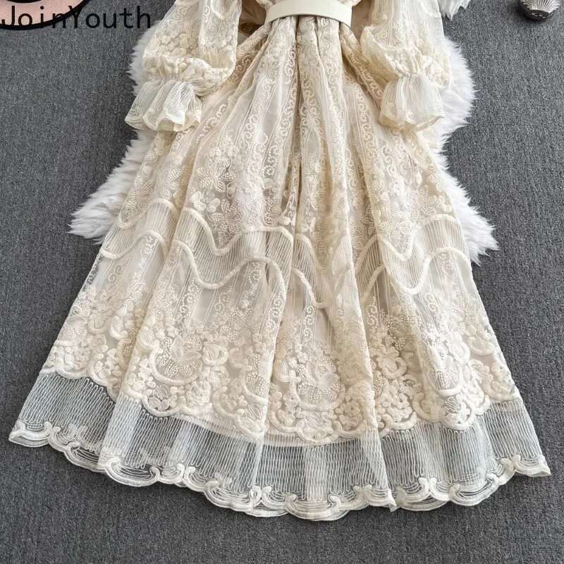2025 Vestidos De Mujer Vintage Maxi Dress for Women Bandage O-neck Long Sleeve Robe Femme Chic Embroidery Lace Elegant Dresses