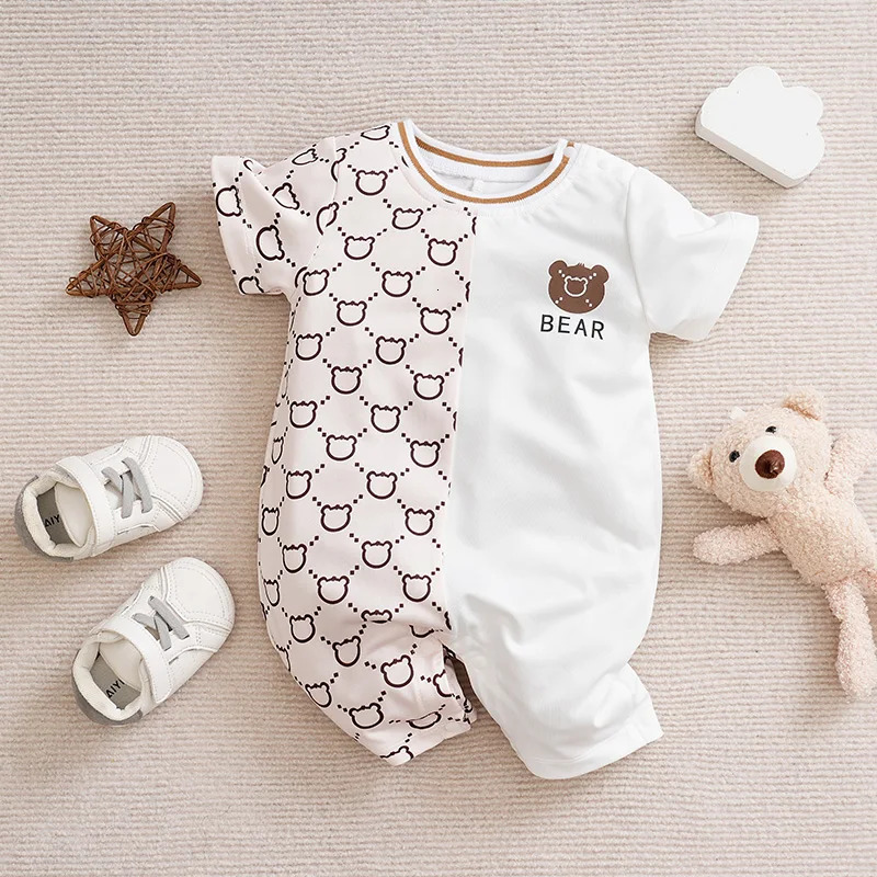 born Clothes Cute Cartoon Patchwork Teddy Bear Comfortable And Soft Summer Boys Girls 018 Short Sleeved Baby Jumpsuit 250619