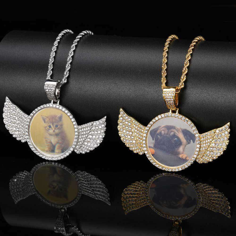Hip Hop Memory Angel Wings Round Pendant Copper Inlaid Zircon DIY Creative Photo Frame Necklace Jewelry 10d4