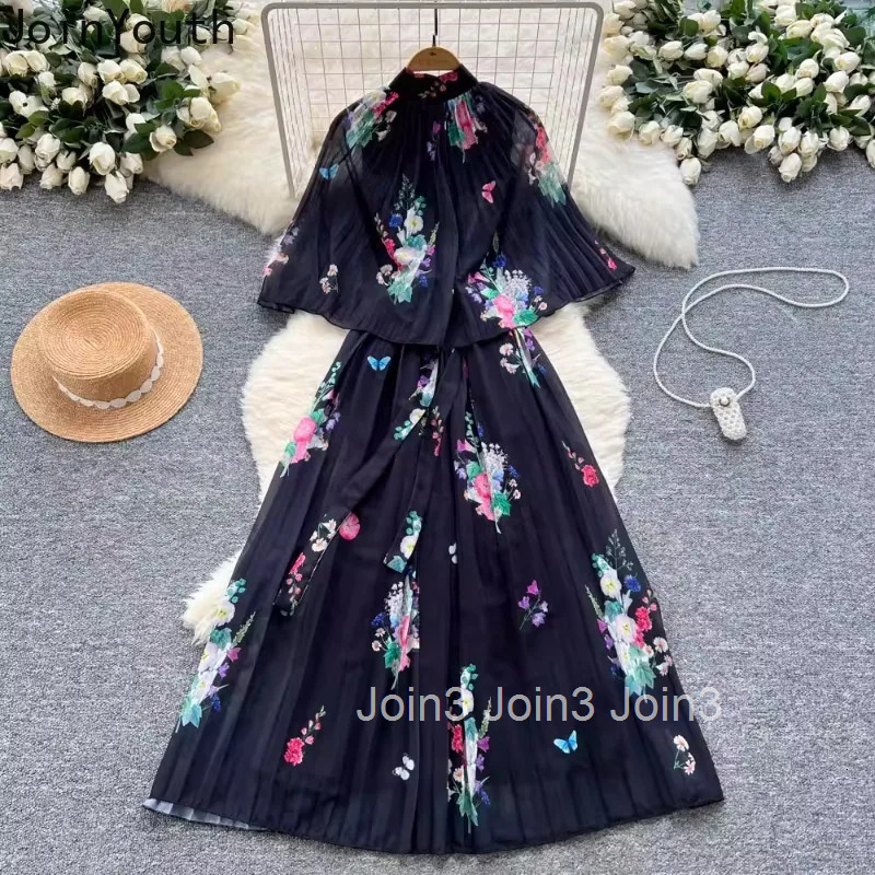 2025 Vestidos De Mujer Vintage Maxi Dresses for Women Slim Waist Bandage Temperament Floral Robe Femme Big Swing Pleated Dress