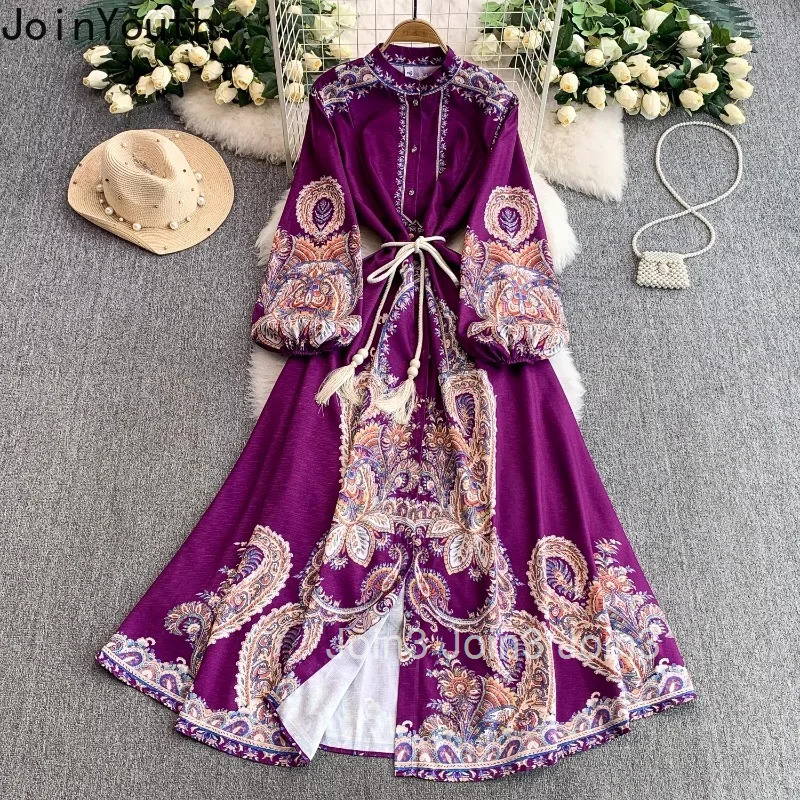 Vintage Womens Dress Stand Neck Lantern Sleeve Slim Waist Floral Robe Femme 2025 Vestidos De Mujer Chic Summer Maxi Dresses