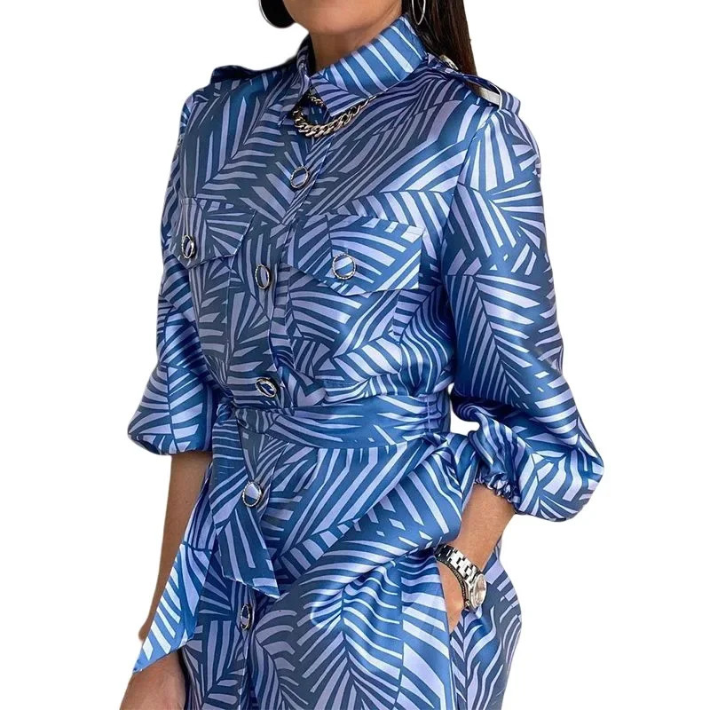 Female Casual Womens Outfits Two Piece Set Loose Printed Long-sleeved Shirt and High Waist Wide Leg Pants Set Women Elegant 250617