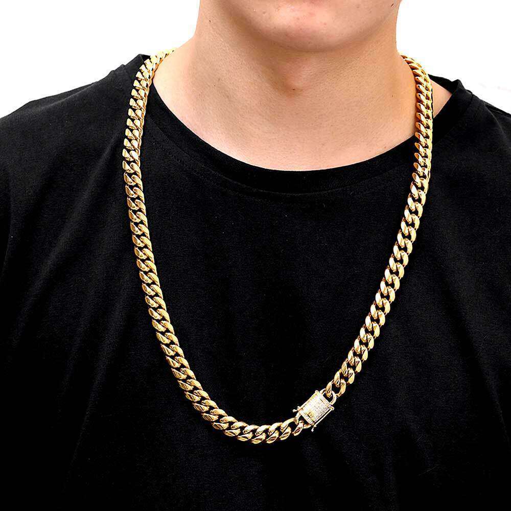 Hip Hop Men's 12mm Dia-Encrusted Buckle Stainless Encrypted Cuban Chain Real Gold Plated Titanium Steel Necklace 7a11