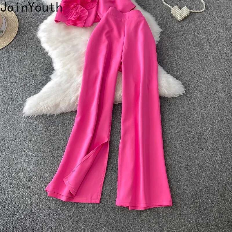 Fashion 2 Piece Set Women Clothing Sleeveless V-neck Ruffles Vest High Waist Wide Leg Pants Suit Temperament Korean Summer Suit