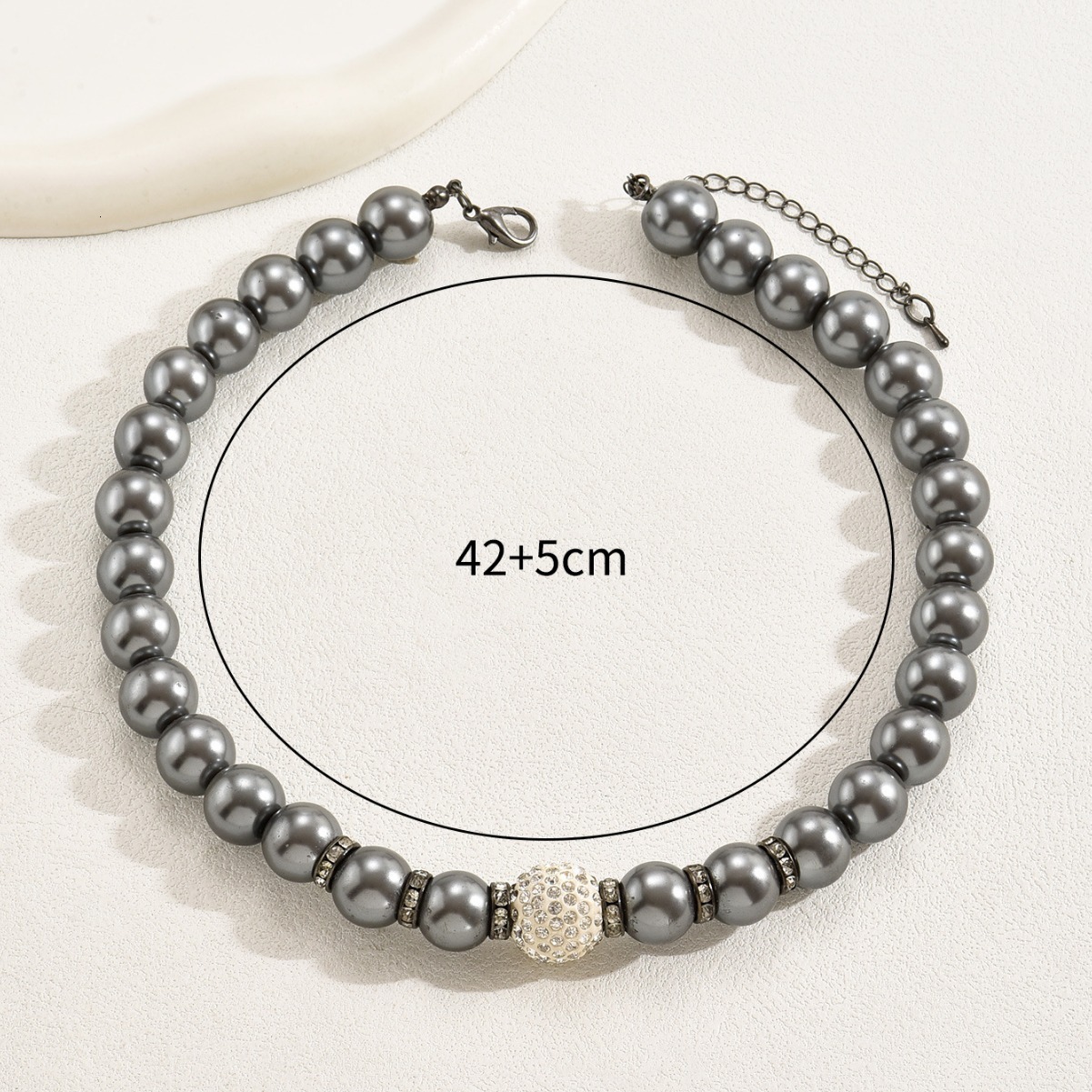 Faux Pearl Necklace With Zircon Inlay, Elegant Dark Gray Clarbone Chain, Chain