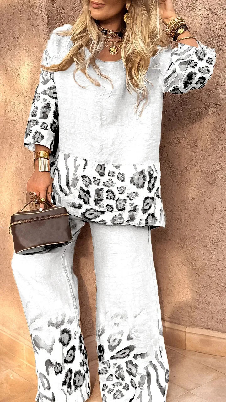 Spring Summer Fashion Leopard Print 2 Piece Set Women Casual Loose Short Sleeves Blouses Wide Leg Pants Two Piece Set Womens 250617