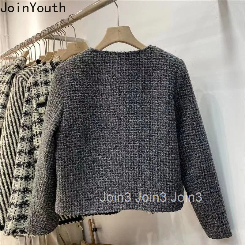 Temperament Ladies Tops Vintage Tweed Jackets Women Clothing O-neck Long Sleeve Double Breasted Crop Coat 2025 Ropa Mujer 27s493