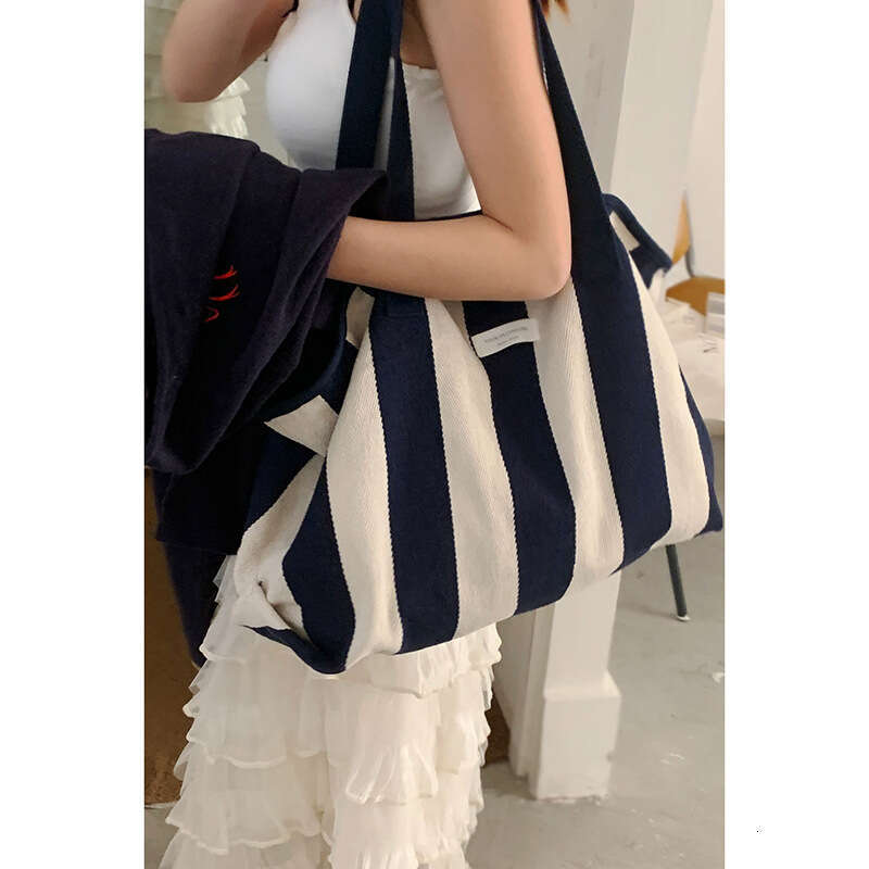 designer bag Korean Style Lazy Wind Underarm 2025 New Casual Striped Canvas Large Capacity Shoulder Shopping Bag