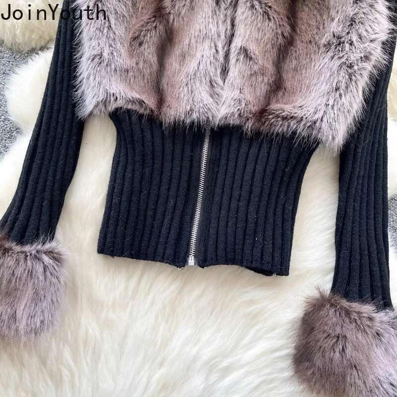 Patchwork Furry Cropped Cardigan Coat Womens Clothing Zipper Slim Fit Sueter Mujre Y2k Tops Fashion Casual Knitting Sweater