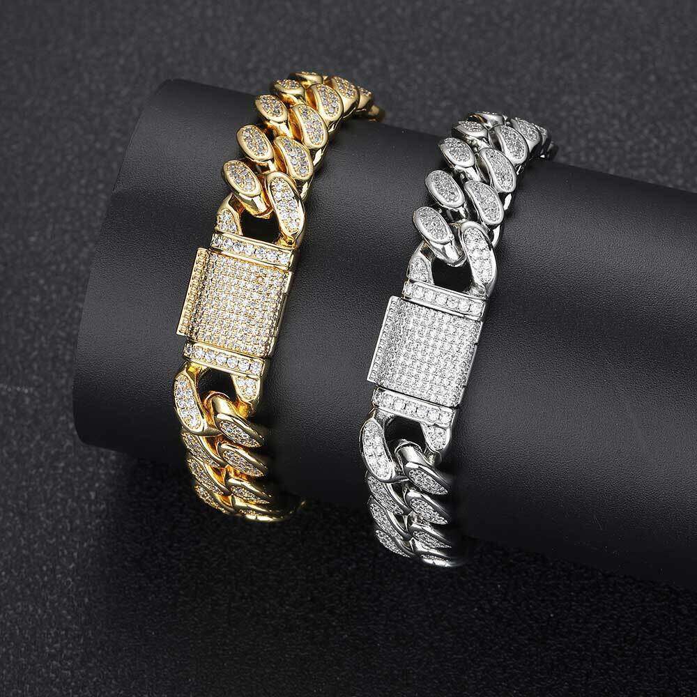 Hip Hop Zircon Necklace 12mm Flip Clasp Double Row Full Dia Cuban Chain Trendy Brand Personality Men's Bracelet 38e1