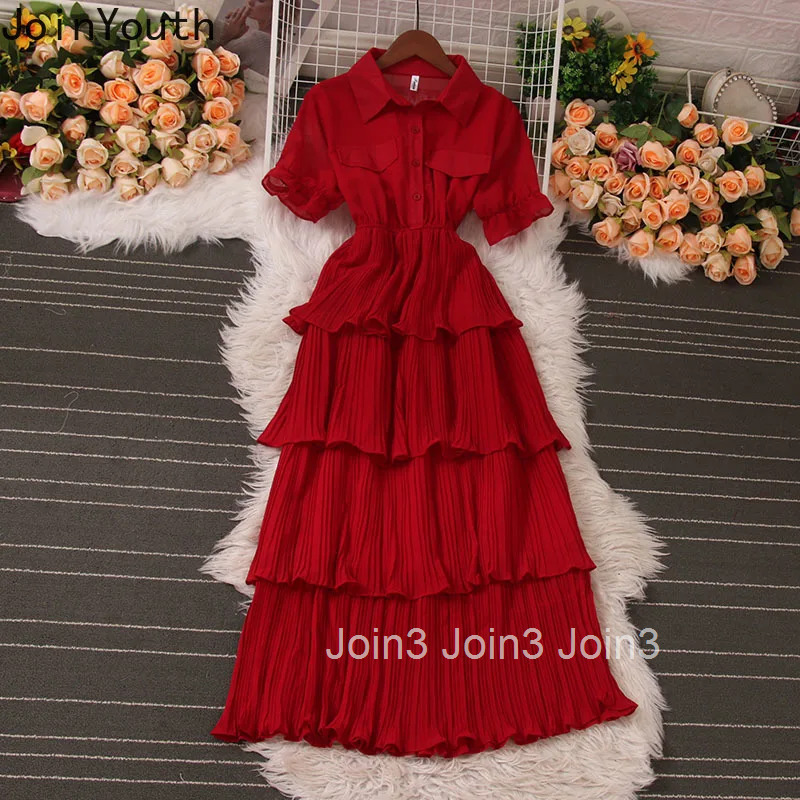 Vintage Woman Dress 2025 Vestidos De Mujer Short Sleeve Tunic Slim Waist Pleated Maxi Dresses Chic Summer Temperament Robe Femme