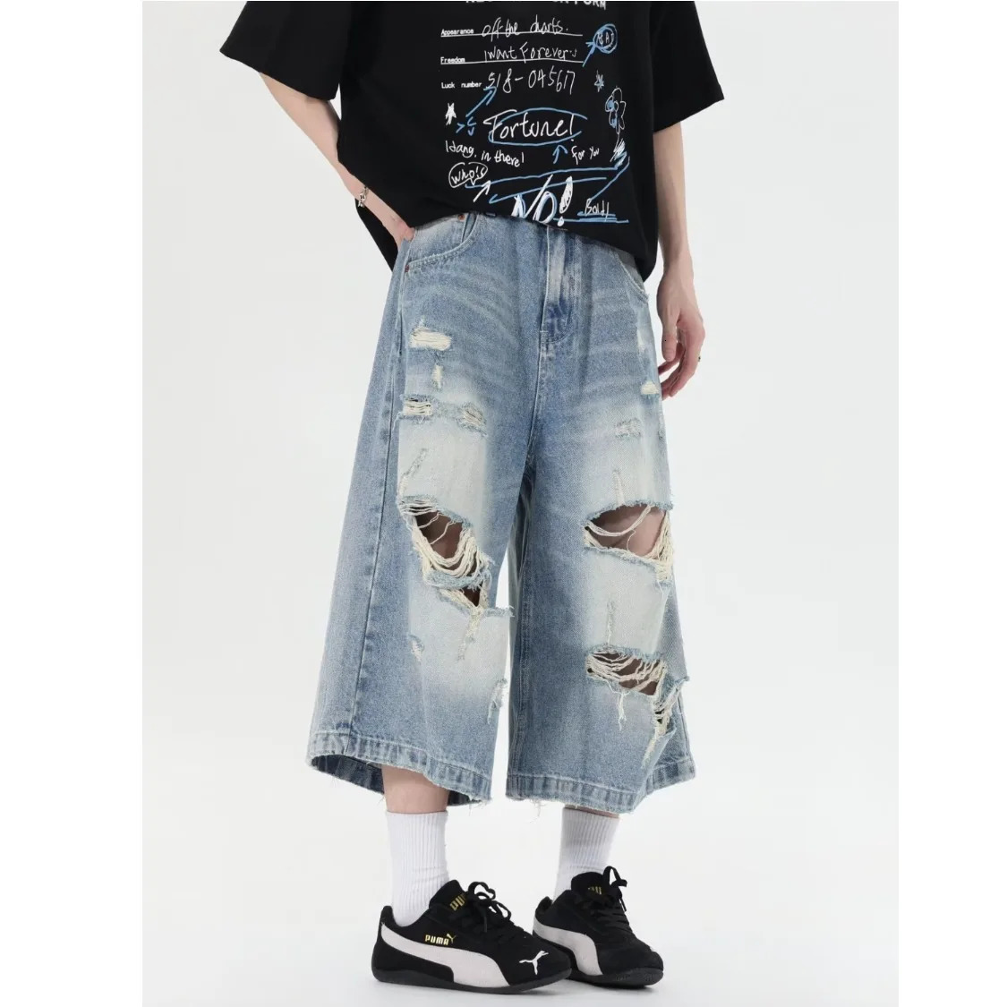 DM Ripped Mens Denim Shorts American Style High Street Loose Straight-leg Men Casual Pants Fashionable clothes 250618