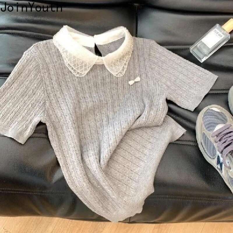 Lace Peter Pan Collar Sweet T Shirts Womens Clothes Chic Vintage Tees Casual Knitted Tshirt Short Sleeve Solid Color Camisetas