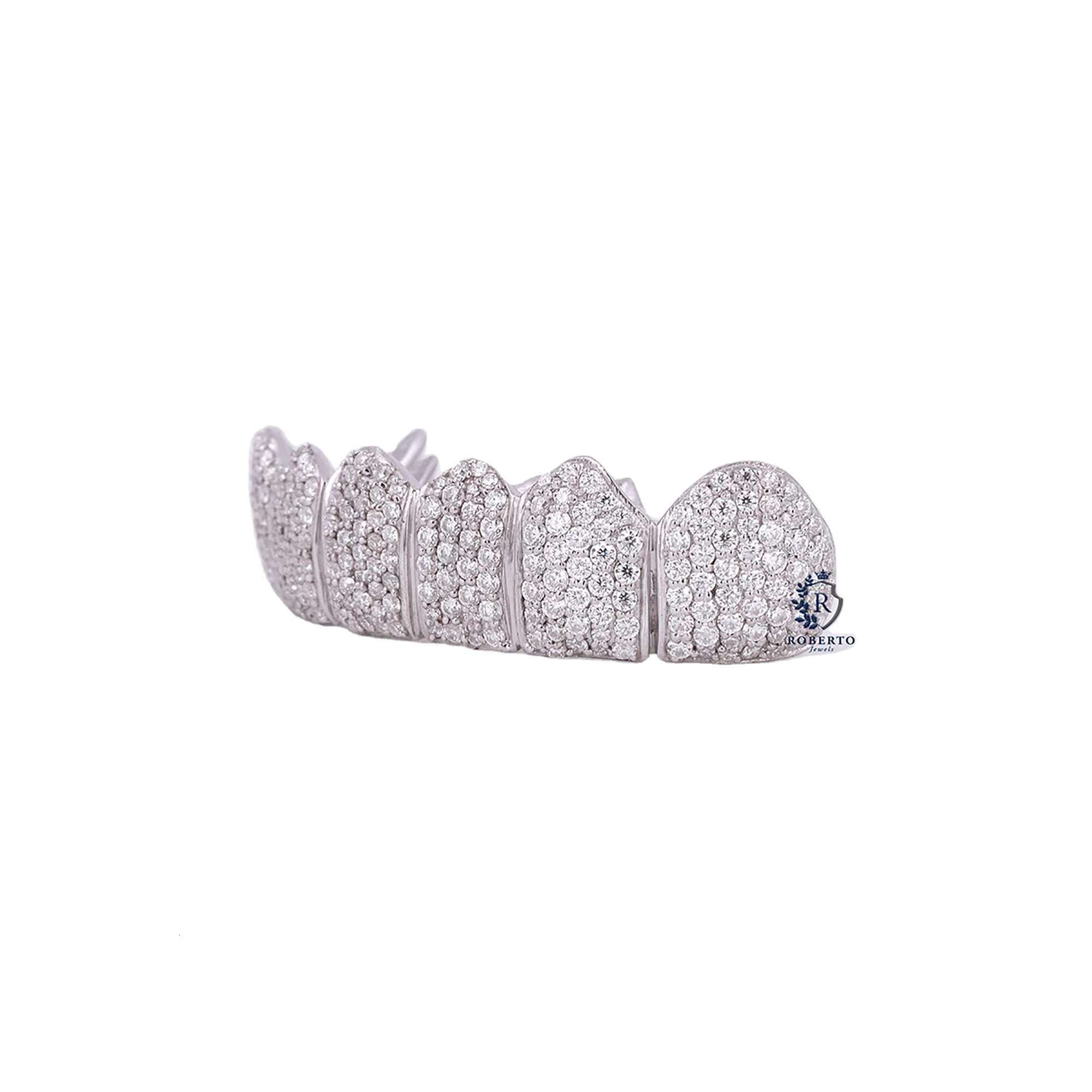 Custom Hip Hop Grillz Iced Out 925 Silver Teeth with VVS Moissanite Diamonds White Gold Plated Dental Jewelry