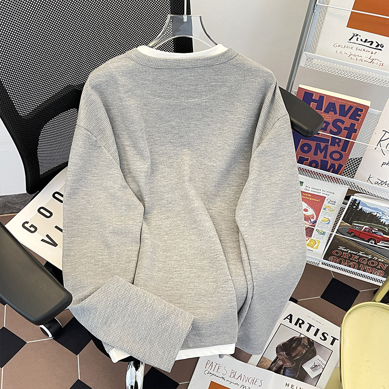 Spring and Autumn Waffle Fake Two-Piece Long Sleeve T-Shirt for Men Cleanfit Trendy Brand Simple Casual Loose Top