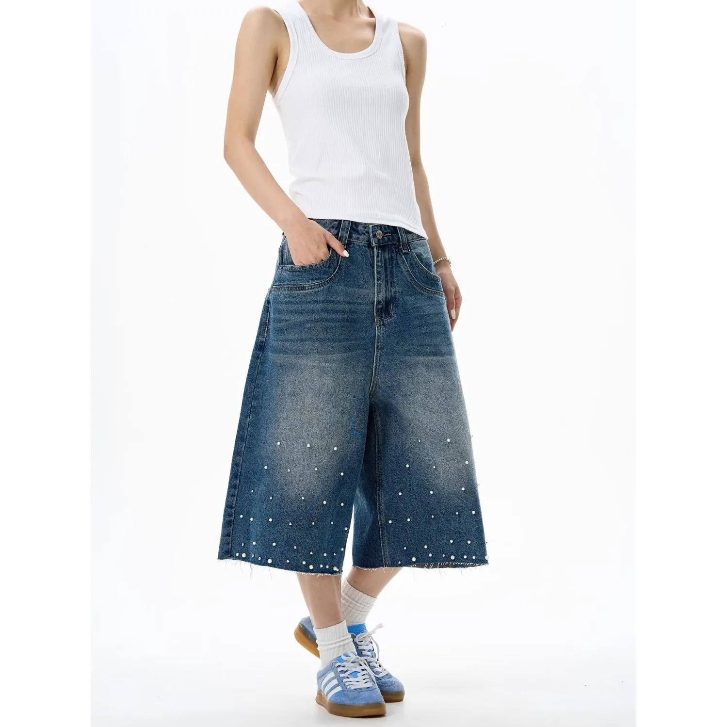 DM Hip Hop Fashion Rivet Jeans Shorts Streetwear Blue Loose Denim Shorts For Men Washed 250617