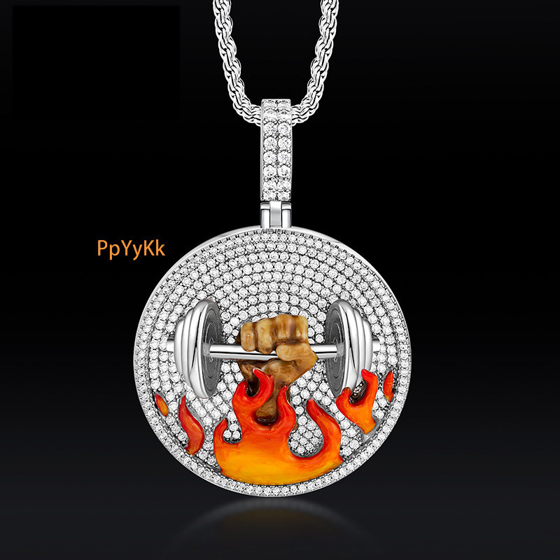 Hip Hop Punk Trendy Enamel Flame Dumbbell Moissanite Round Unique Niche Bling Bling Pendant Necklace