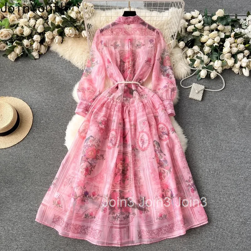 Summer Maxi Dresses Women Clothing Vintage Floral Robe Femme 2025 Vestidos De Mujer High Waist Tunic Chiffon Temperament Dress