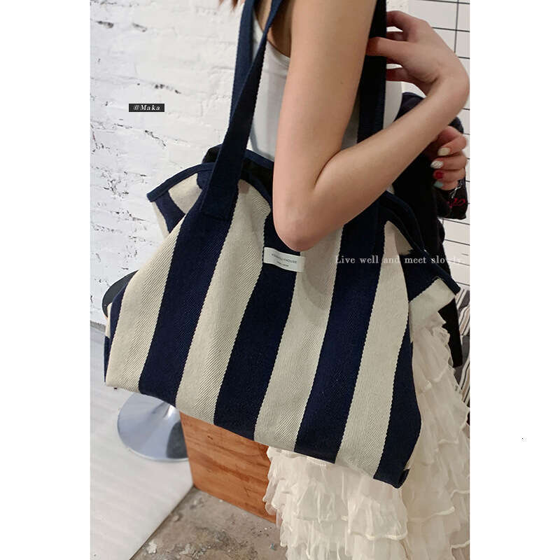 designer bag Korean Style Lazy Wind Underarm 2025 New Casual Striped Canvas Large Capacity Shoulder Shopping Bag