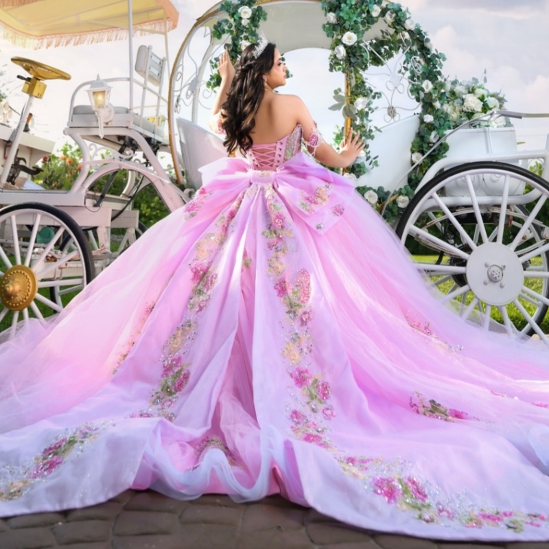 Pink Shiny Quinceanera Dresses Ball Gown Off The Shoulder Sequin Applique Lace Beads Tull Corset Sweet 16 Dress Vestidos 15 Anos