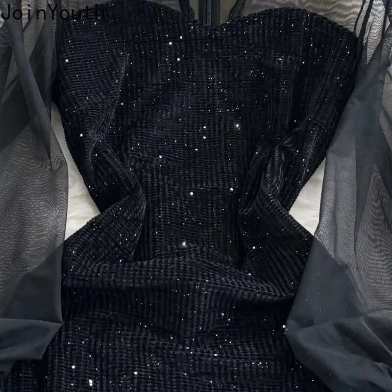 Temperament Robe Femme Black Patchwork Gauze Dress Women 2025 Vestidos De Mujer Lantern Sleeve Velvet Sequin Bodycon Dresses