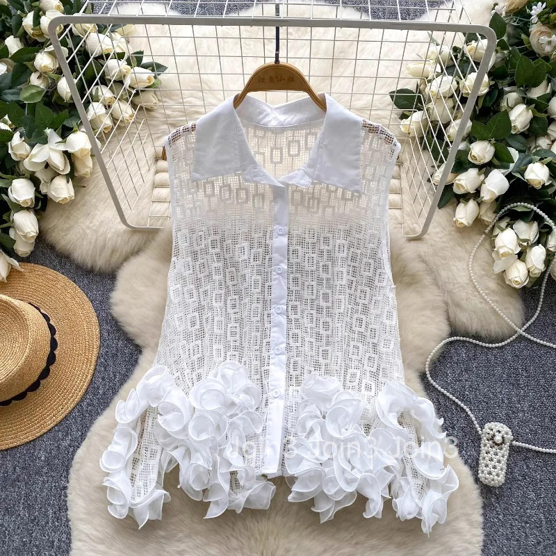 White Blouses Women Clothing Sleeveless Irregular Ruffles Hollow Out Shirts 2025 Blusas Mujer De Moda Temperament Summer Tops