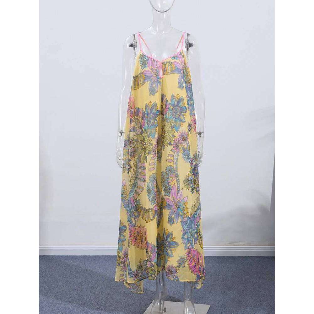 Print Floral Women's Dress Halter V-neck Sleeveless Hollow out Straight Female Dresses 2025 Summer Elegant Vacation Lady Robe