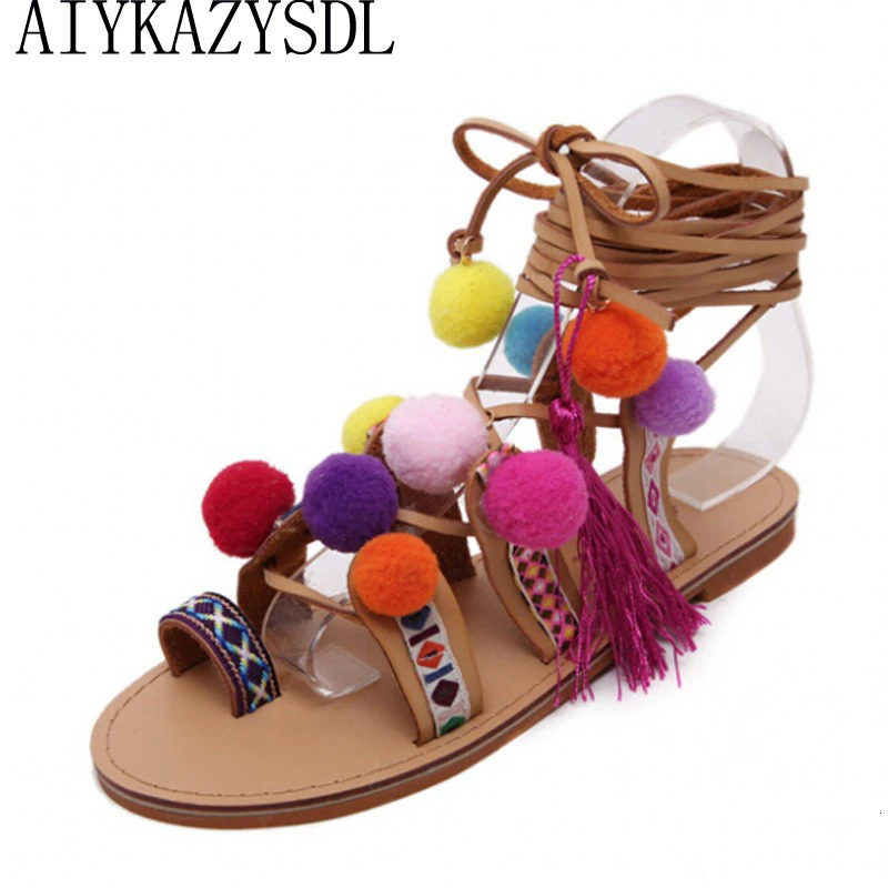 AIYKAZYSDL Ethnic Bohemia Summer Woman Pompon Sandals Gladiator Roman Strappy Knee High Boots Embroidered Tassel Shoes Flats 250617