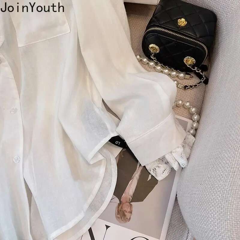 Temperament Tops White Blouses Women Clorhing 2025 Blusas Mujer De Moda Fake Two Shirts Patchwork Lace Simple Oversized Blouse