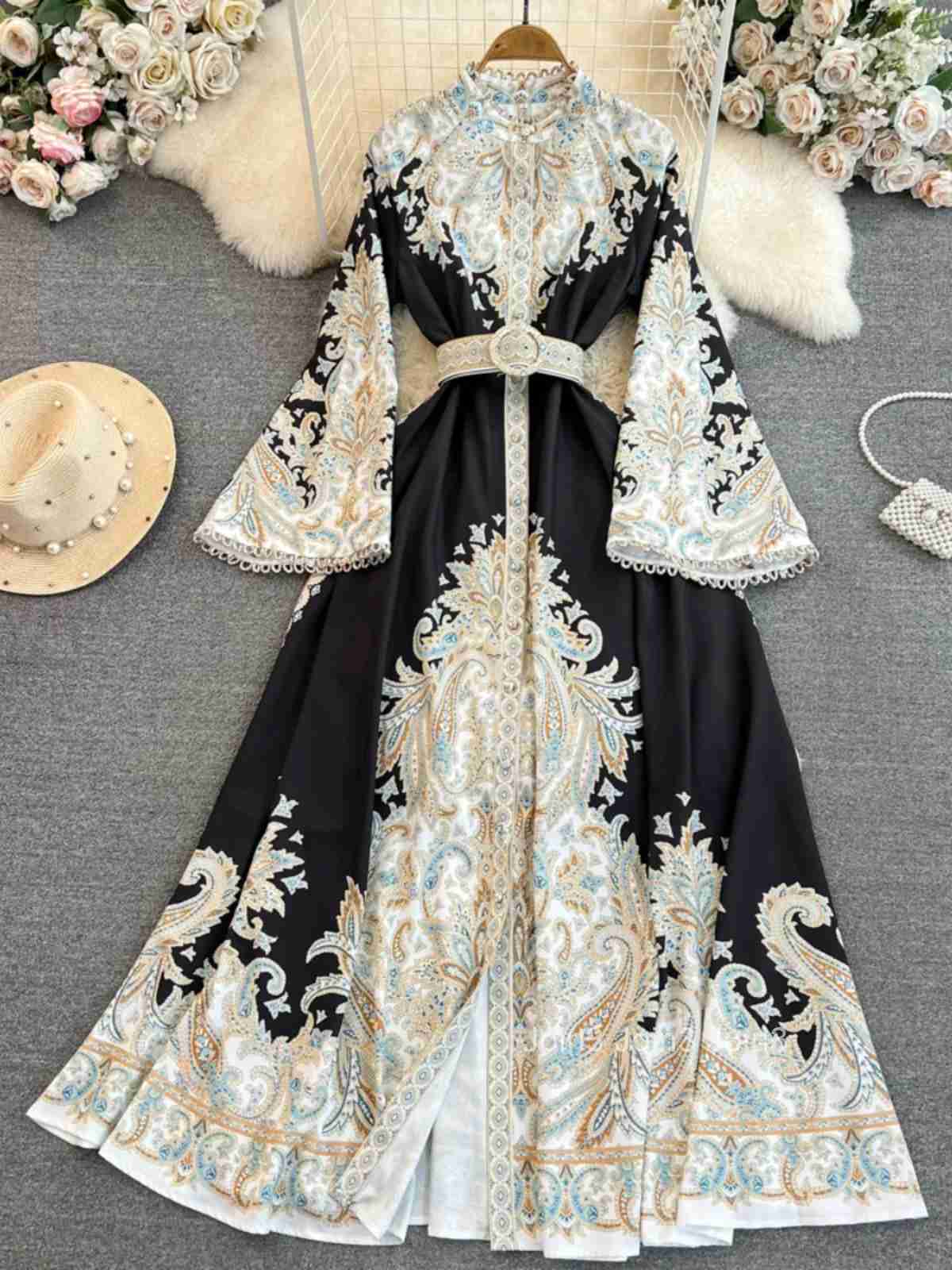 Flare Sleeve Elegant Dresses Women Stand Neck Slim Waist Single Breasted Vestidos De Mujer Korean Chic Vintage Summer Maxi Dress