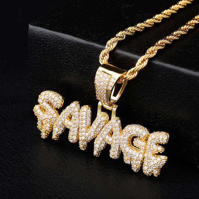 Jewelry SANAGE English Letter Rap Hip Hop Pendant Full Dia Micro Inlaid Men's Trendy Necklace