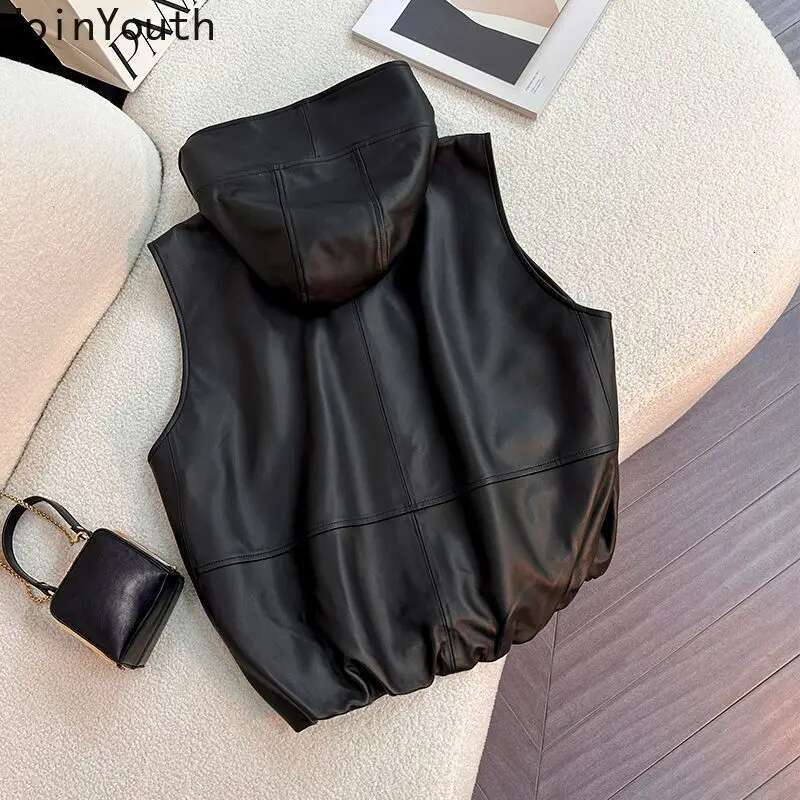 Streetwear PU Women Vest Jackets 2025 Ropa Mujer Hooded Zipper Sleeveless Casual Waistcoat Y2k Tops Fashion Korean Leather Tanks