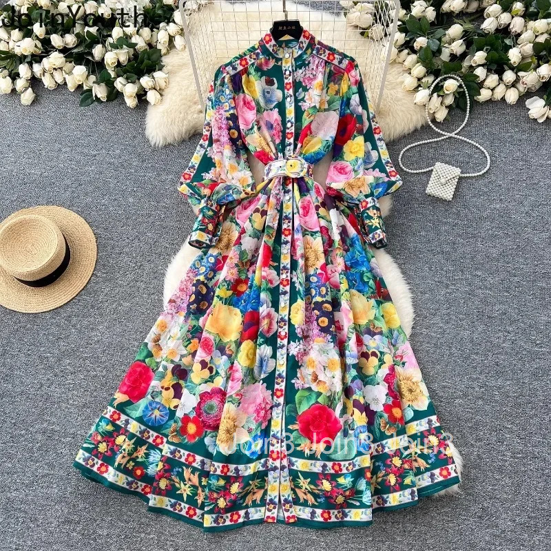 2025 Vestidos De Mujer Maxi Dresses for Women Stand Neck Lantern Sleeve Vintage Robe Femme Single Breasted Floral Summer Dress
