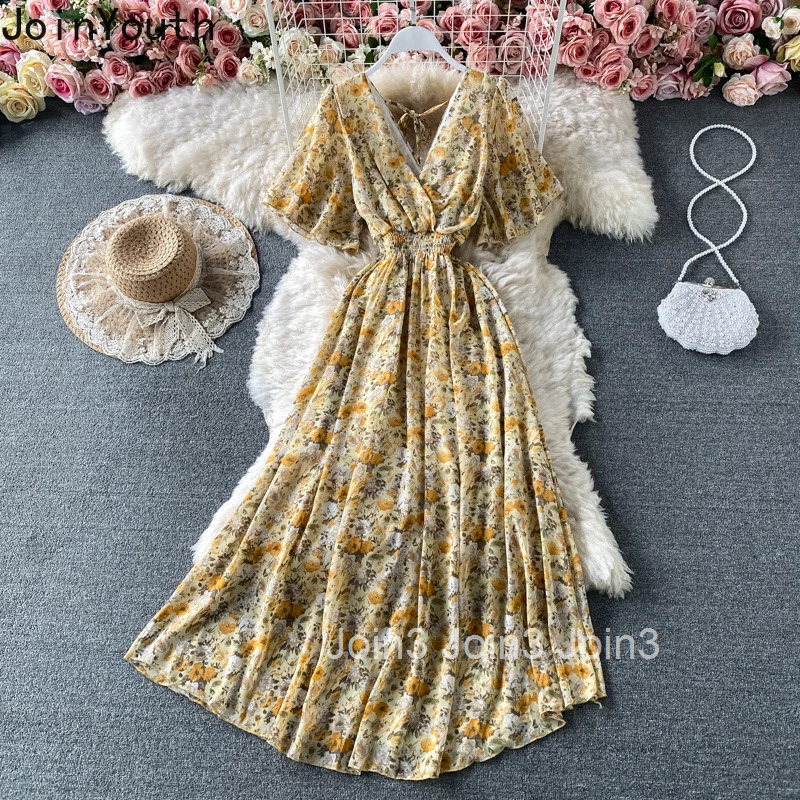 Floral Elegant Dresses for Women V-neck Slim Waist Vintage Robe Femme 2025 Vestidos De Mujer A-line Big Swing Summer Maxi Dress