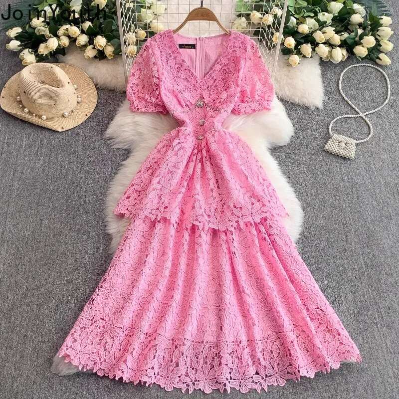 Elegant Dress Women Clothing Lace V-neck Short Sleeve Slim Waist Robe Femme 2025 Vestidos De Mujer A-line Vintage Summer Dresses